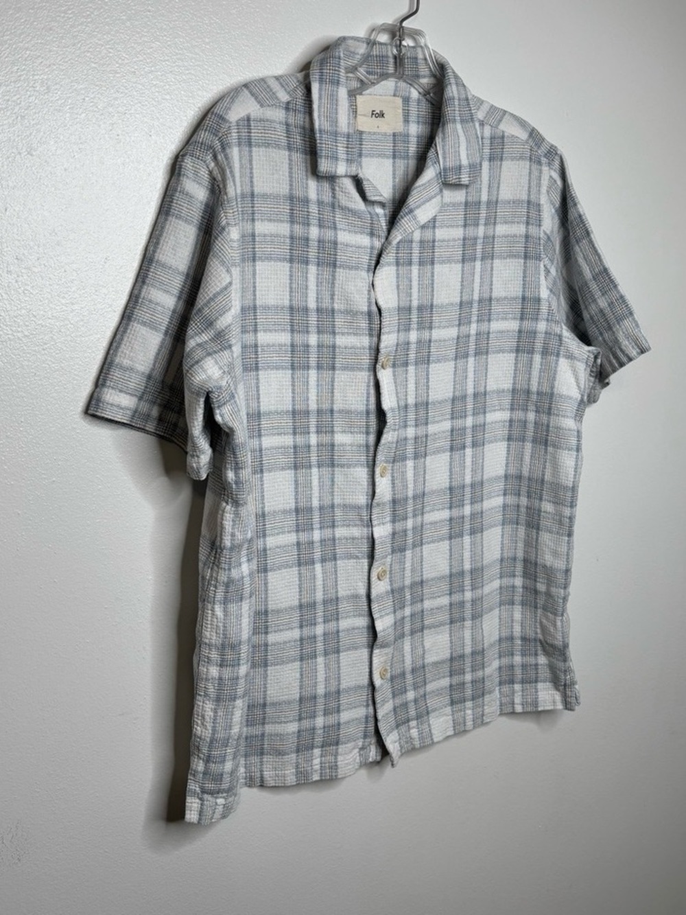 Folk Short-Sleeve Plaid Button-Down Shirt in Gray and White